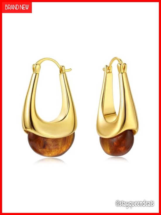 Jewelry - Vintage Chunky Gold Hoops Earrings, Resin Gemstone Drop Dangle